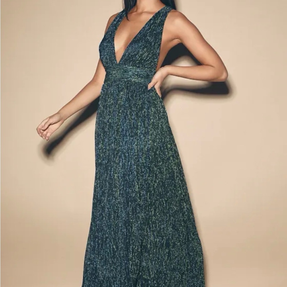 LULUS NWT Looking Radiant Blue and Green Metallic Maxi Dress